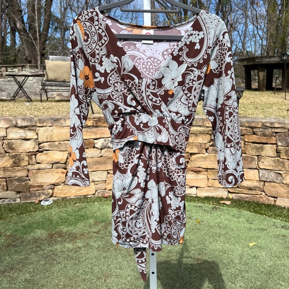 Japanese Weekend Brown, Orange, and Gray Sash Maternity/Nursing Top - Picture 1 of 14